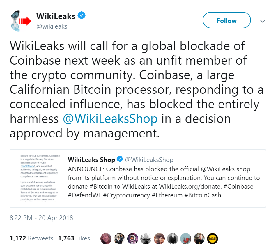 Wikileaks Calls for Global Blockade of Coinbase After Its Shop Was Blocked